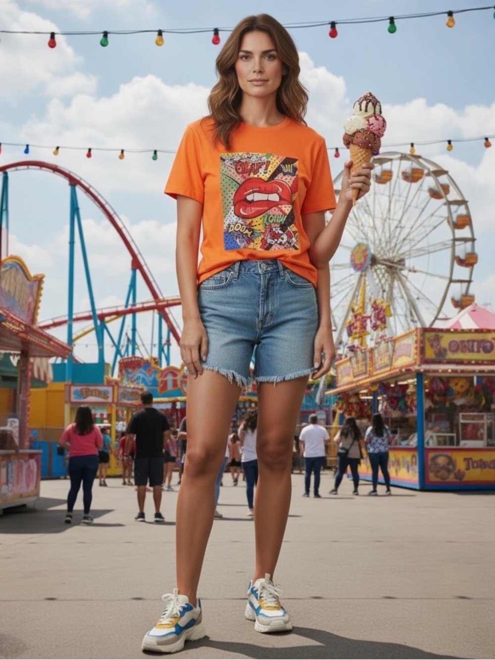 VIVID ORANGE SS GRAPHIC TOP RED LIPS COLORFUL COMIC SOUND GRAPHICS SIZE XL